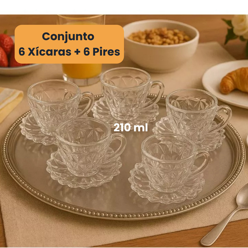 Conjunto com 6 Xícaras e Pires de Vidro 210ml