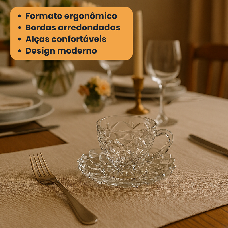 Conjunto com 6 Xícaras e Pires de Vidro 210ml