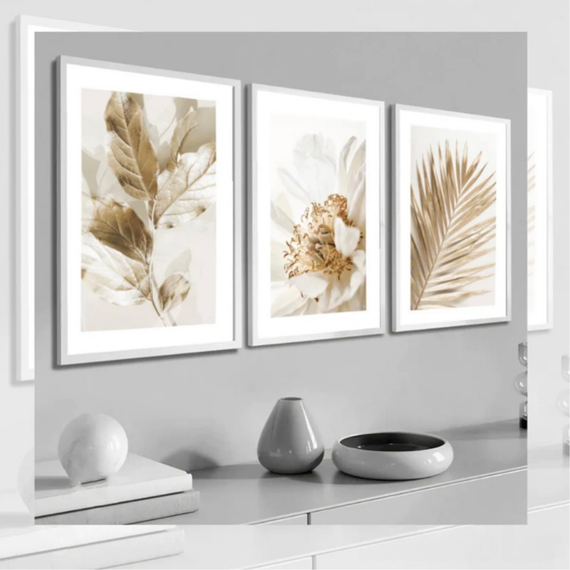 Kit 3 Quadros Folhagem Dourada 90x60cm - Refinado Lar