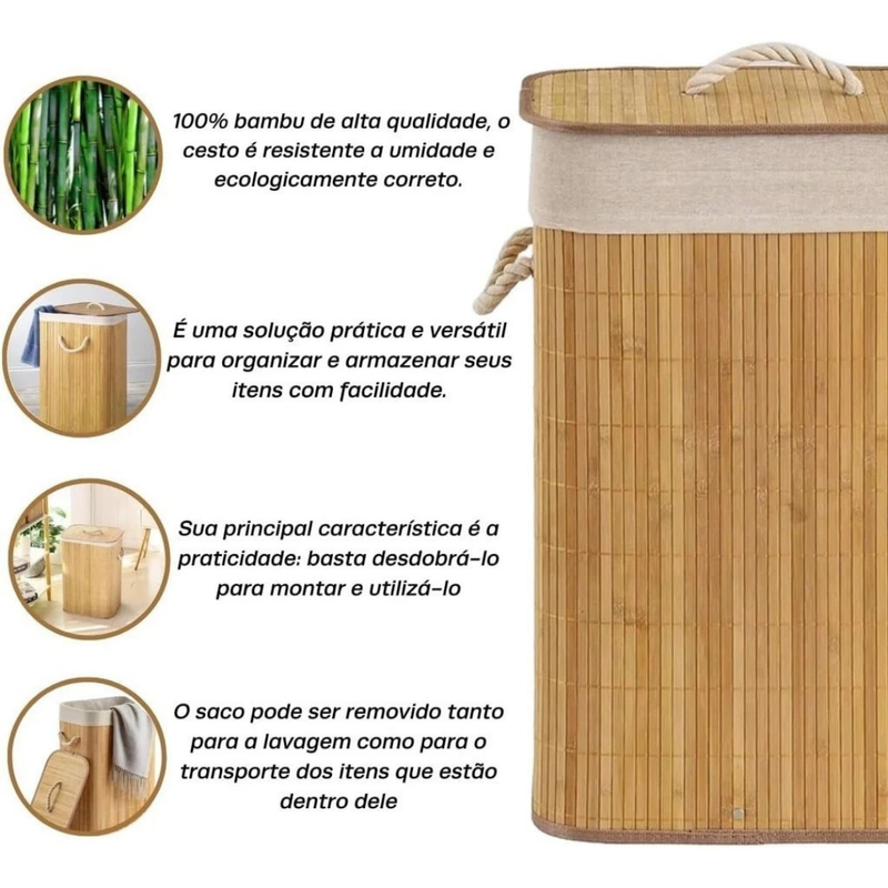 Cesto de Roupa Dobrável em Bambu - Refinado Lar