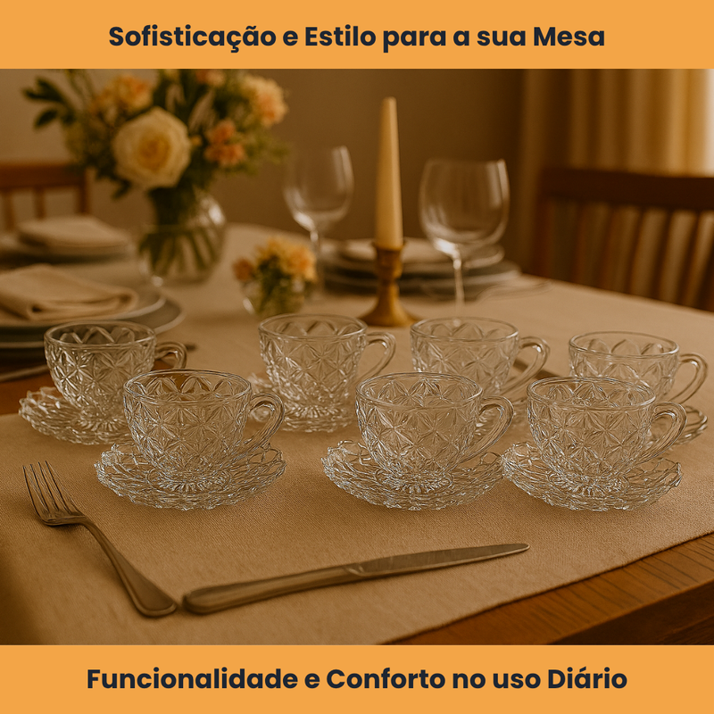 Conjunto com 6 Xícaras e Pires de Vidro 210ml
