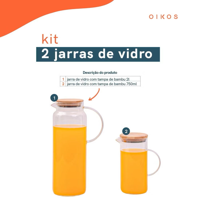 Kit com 2 Jarras de Vidro | 1L e 1,5L com Tampa de Bambu (OIKOS) - Refinado Lar